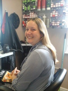 nicki before she had her hair cut to support Pseudomyxoma Survivor and the Little Princess Trust