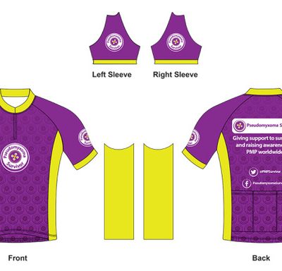 Illustration of Pseudomyxoma Survivor cycle jersey with button logo to front and slogan to rear.
