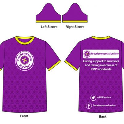 Illustration of Pseudomyxoma Survivor running shirt with button logo to front and slogan to rear.
