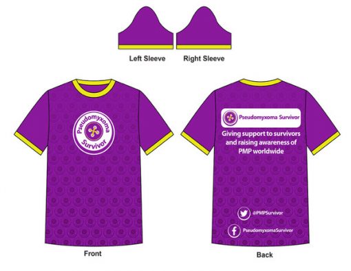 Illustration of Pseudomyxoma Survivor running shirt with button logo to front and slogan to rear.