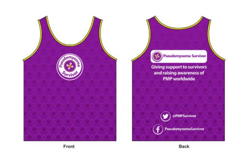 Illustration of Pseudomyxoma Survivor running vest with button logo to front and slogan to rear.