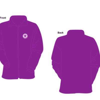 Illustration of the front and back of the Pseudomyxoma Survivor fleece, purple with an embroidered button logo.