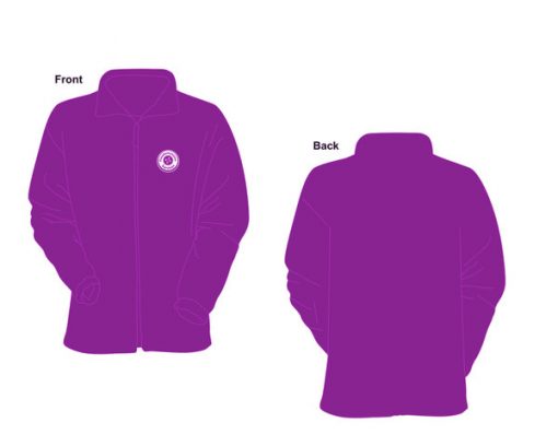 Illustration of the front and back of the Pseudomyxoma Survivor fleece, purple with an embroidered button logo.