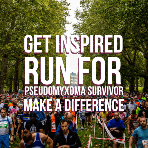 picture of runners with the text "Get inpired, run for pseudomyxoma survivor, make a difference"